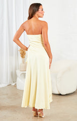 Lemon Satin Ruched Strapless Drape Detail Bodycon Midi Dress - Liora