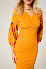 Mustard Belted Bodycon Midi Wrap Dress - Angelica