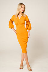 Mustard Belted Bodycon Midi Wrap Dress - Angelica