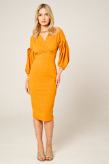 Mustard Belted Bodycon Midi Wrap Dress - Angelica