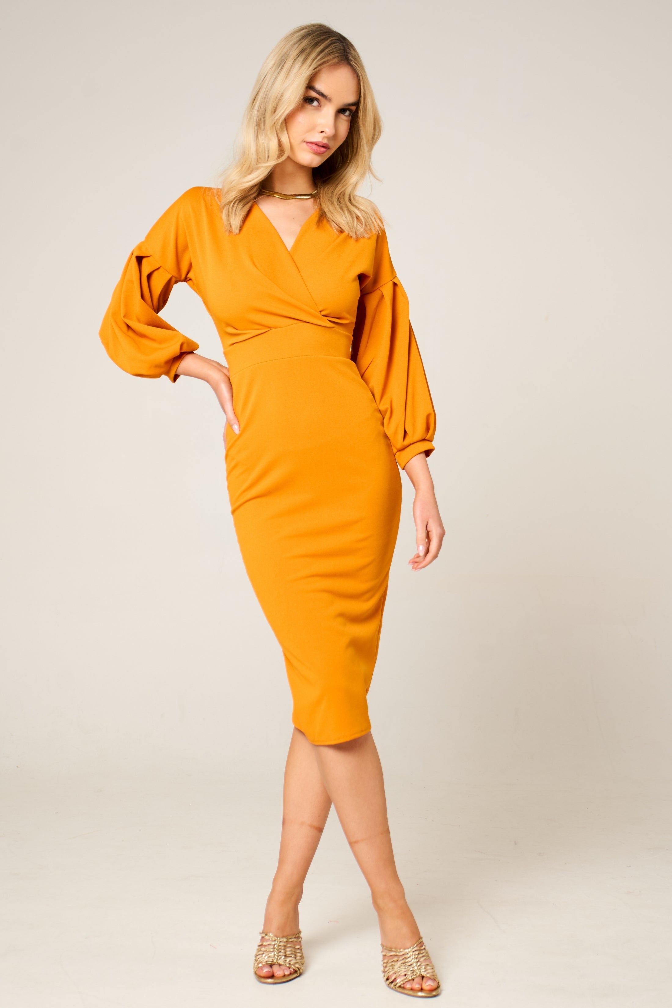 Mustard Belted Bodycon Midi Wrap Dress