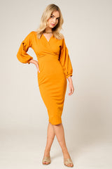 Mustard Belted Bodycon Midi Wrap Dress - Angelica