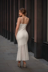 Cream Lace Strappy Bodycon Elegant Layered Midi Dress - Rosantha