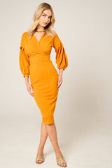 Mustard Belted Bodycon Midi Wrap Dress - Angelica