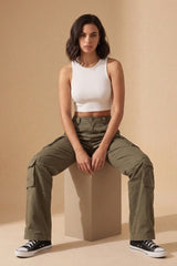 Khaki Cargo Wide Leg Relaxed Fit Utility Trousers - Menisa