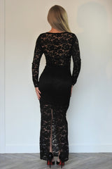 Black Lace Cut Out Long Sleeve Elegant Layered Bodycon Midi Dress - Elarie