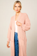 Dusty Pink Knitted Long Sleeve Pocket Detail Ribbed Cardigan - Leanne