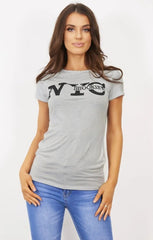 Grey ‘NYC Brooklyn’ Slogan Print T-Shirt - Elissara