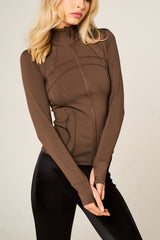 Chocolate High Neck Fitted Zip Up Lightweight Jacket - Sovanna