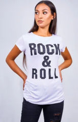 White ‘Rock & Roll’ Slogan Print T-Shirt - Carisella