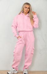 Pink Cropped Fleece Hoodie with Cargo Jogger Sweatpants Loungewear Set - Roshana
