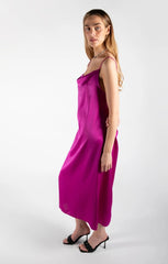 Purple Cowl Neck Satin Lace Up Back Strappy Bodycon Midi Dress - Elissara