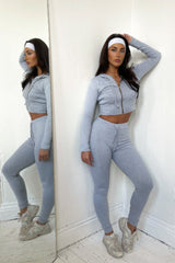 Grey Marl Ribbed Zip Front Hoodie & Joggers Two Piece Set - Callie