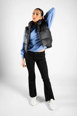 Black Padded Faux Leather Zip Up Crop Gilet - Tia