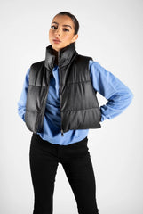 Black Padded Faux Leather Zip Up Crop Gilet - Tia