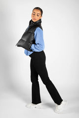 Black Padded Faux Leather Zip Up Crop Gilet - Tia
