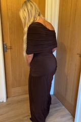 Chocolate Brown Slinky Bardot One Shoulder Ruched Double Layer Maxi Dress- Marissia