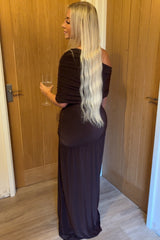 Chocolate Brown Slinky Bardot One Shoulder Ruched Double Layer Maxi Dress- Marissia