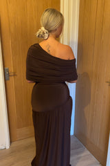Chocolate Brown Slinky Bardot One Shoulder Ruched Double Layer Maxi Dress- Marissia