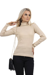 Beige Long Sleeve High Neck Ribbed Top – Orla