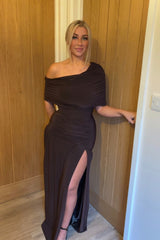 Chocolate Brown Slinky Bardot One Shoulder Ruched Double Layer Maxi Dress- Marissia