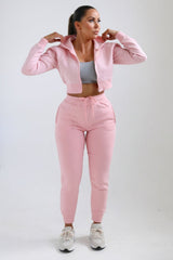 Pink Zip Up Crop Hoodie & Joggers Loungewear Set - Nell