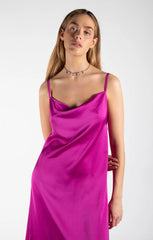 Purple Cowl Neck Satin Lace Up Back Strappy Bodycon Midi Dress - Elissara
