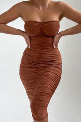 Pale Chocolate Strapless Ruched Midi Dress - Salma