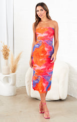 Hot Pink Mesh Printed Layered Off Shoulder Midi Dress - Lena