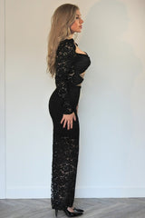 Black Lace Cut Out Long Sleeve Elegant Layered Bodycon Midi Dress - Elarie