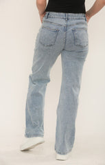 Blue Straight Wide Leg Distressed Cross Patch Denim Jeans - Delissia
