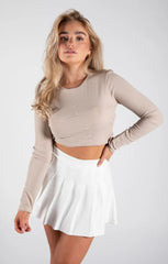 Beige Ribbed Long Sleeve Backless Crop Top - Jenavira
