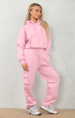 Pink Cropped Fleece Hoodie with Cargo Jogger Sweatpants Loungewear Set - Roshana