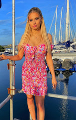 Pink Ditsy Floral Knot Front Shirred Mini Dress - Amarisse