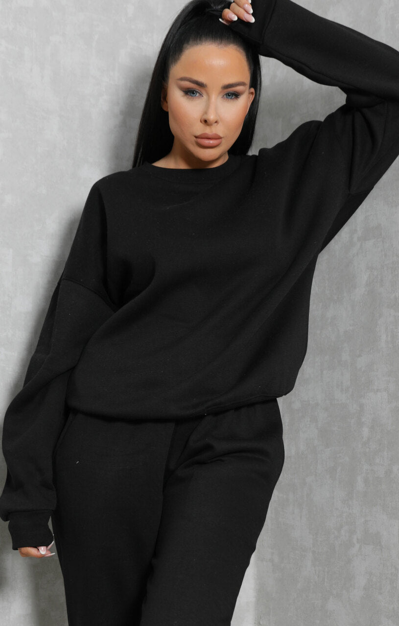 Black Oversized Crew Neck Sweatshirt Cuffed Joggers Loungewear Set ...