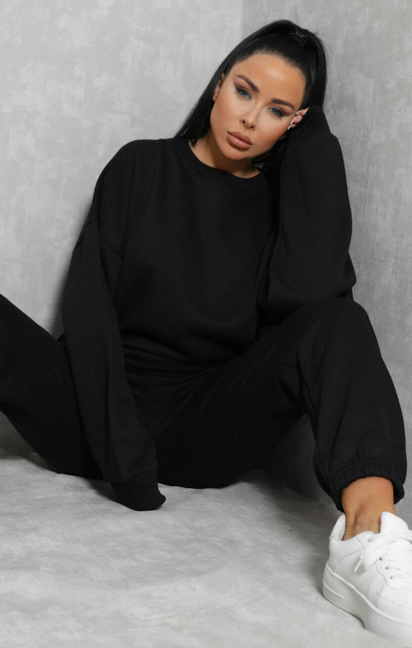 Black Oversized Crew Neck Sweatshirt Cuffed Joggers Loungewear Set ...