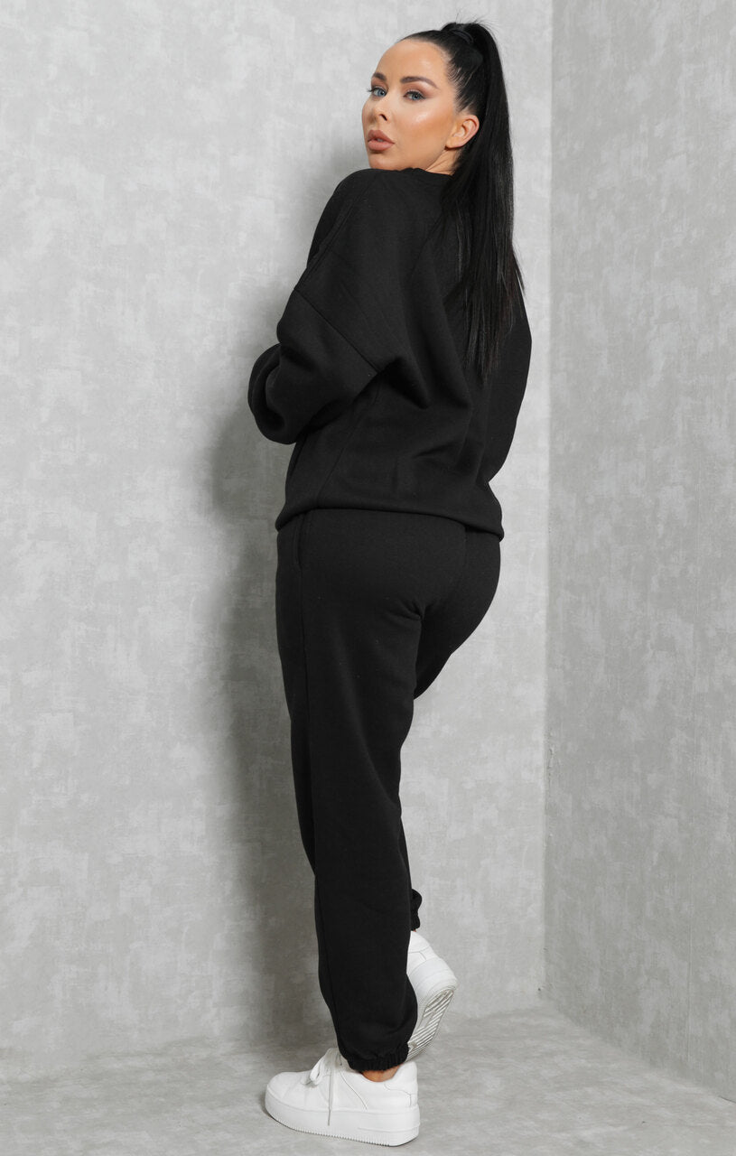 Black Oversized Crew Neck Sweatshirt Cuffed Joggers Loungewear Set ...