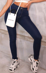 Blue Dark Wash Contrast Stitch High Waisted Button Up Skinny Jeans - Luz