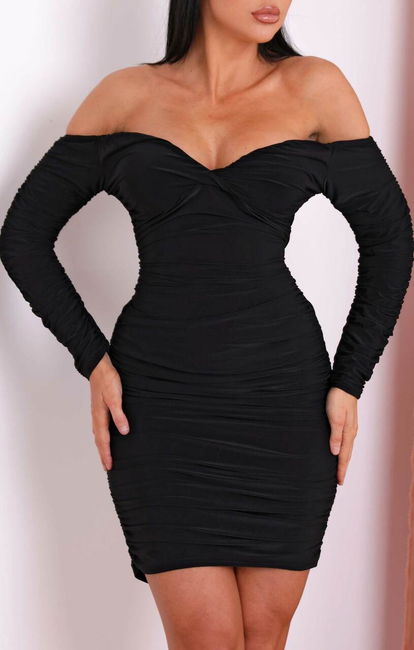 Black Ruched Bardot Long Sleeve Bodycon Mini Dress | FemmeLuxe | Dresses Femme Luxe Black Ruched Bardot Long Sleeve Bodycon Mini Dress | FemmeLuxe | Dresses Femme Luxe