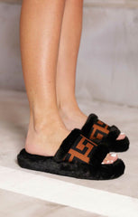 Black Fluffy Faux Fur Geometric Detail Flatform Sliders - Morgana