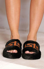 Black Fluffy Faux Fur Geometric Detail Flatform Sliders - Morgana