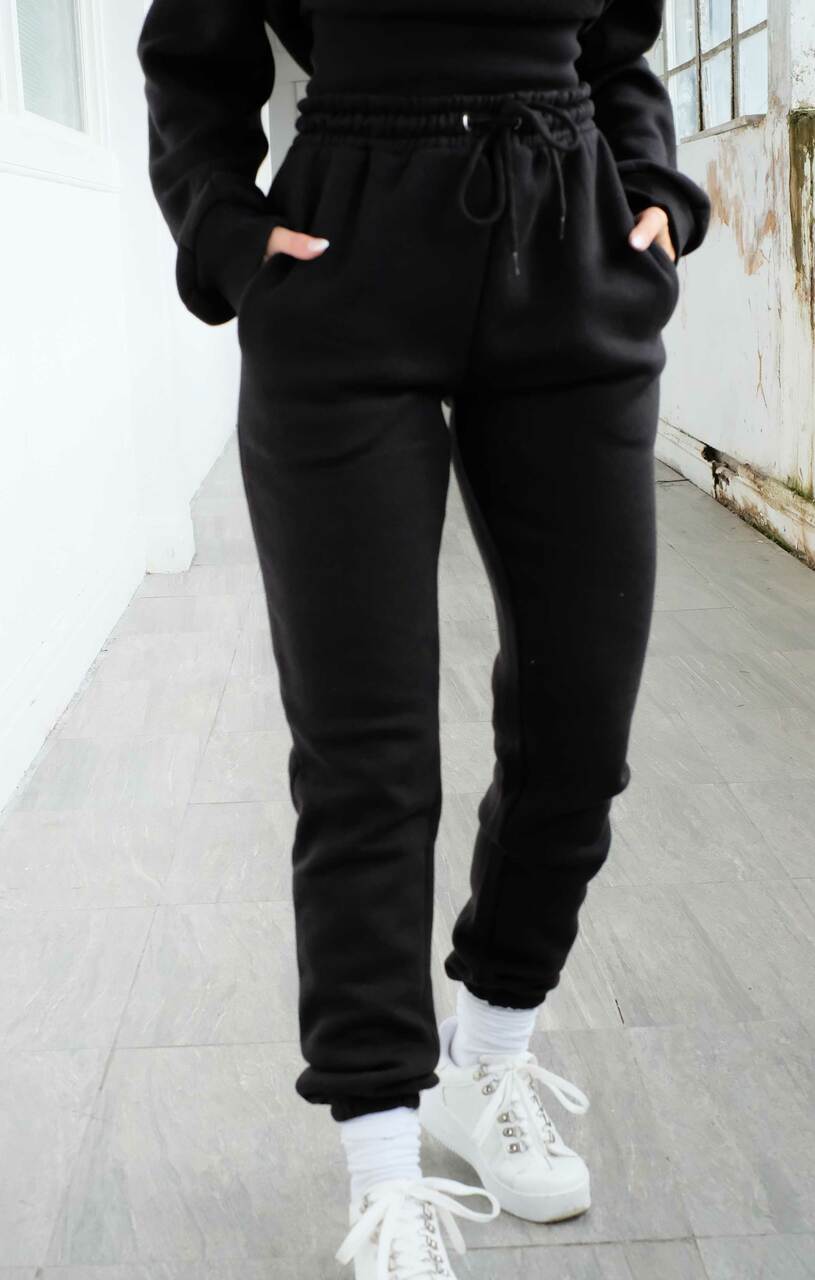 Black Long Sleeve Cropped Fleece Hoodie & Cuffed Joggers Loungewear Set ...