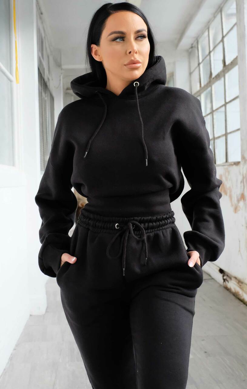 Black Long Sleeve Cropped Fleece Hoodie & Cuffed Joggers Loungewear Set ...