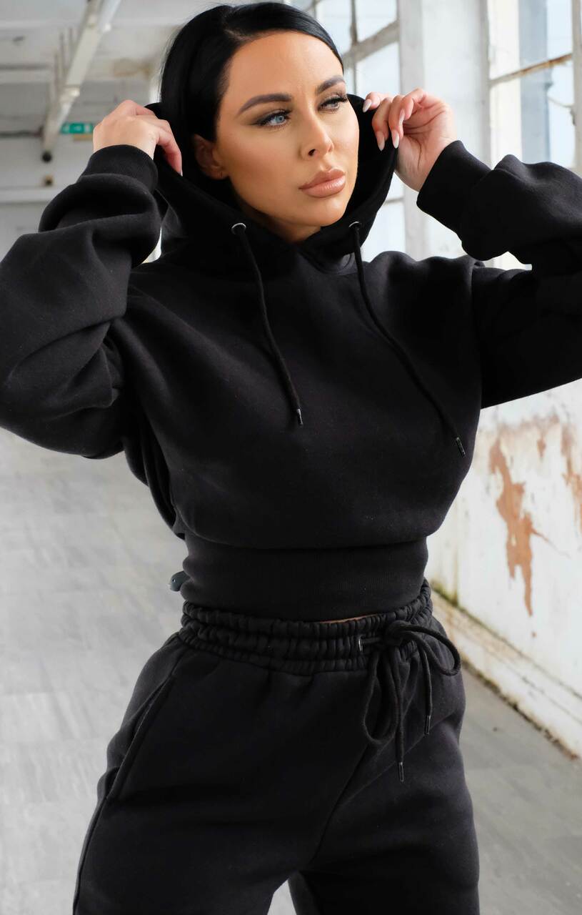 Black Long Sleeve Cropped Fleece Hoodie & Cuffed Joggers Loungewear Set ...