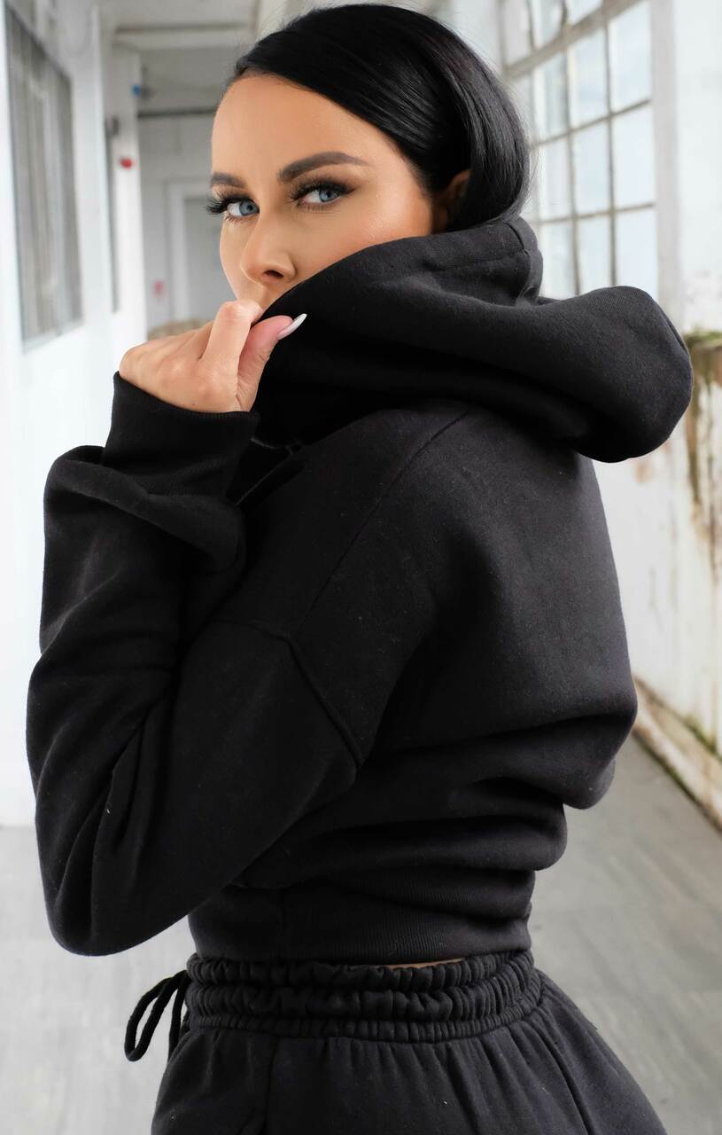Black Long Sleeve Cropped Fleece Hoodie & Cuffed Joggers Loungewear Set ...