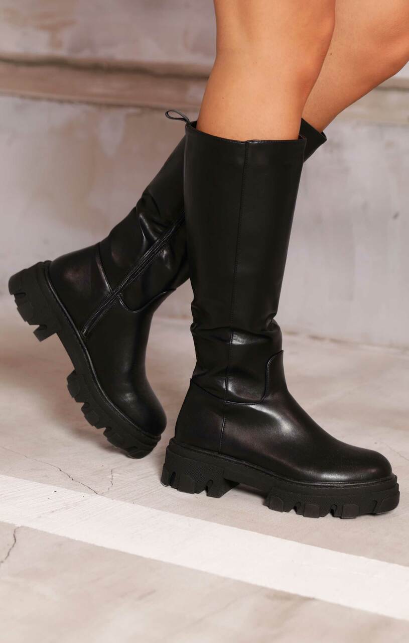 Black PU Faux Leather Chunky Platform Zip Up Knee High Biker Boots black-pu-faux-leather-chunky-platform-zip-up-knee-high-biker-boots