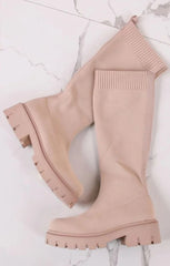 Beige Chunky Platform Knee High Boots - Miriana