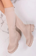 Beige Chunky Platform Knee High Boots - Miriana