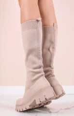 Beige Chunky Platform Knee High Boots - Miriana