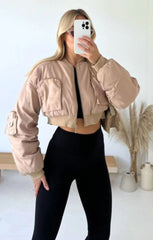 Beige Cropped Cargo Bomber Jacket - Fiora